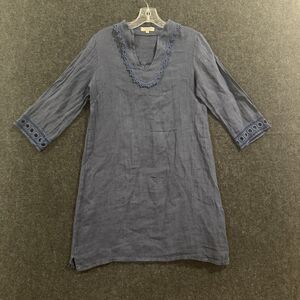 Via Signoria Dress Womens XS Blue Linen Tunic 3/4 Sleeve Trim Made in Italy Boho